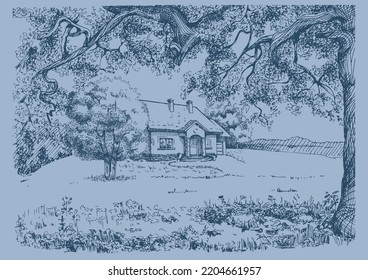 Rural landscape, tree and farm. Vector hand drawn vintage engraved sketch.
