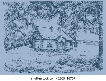 Rural landscape, tree and farm. Vector hand drawn vintage engraved sketch.
