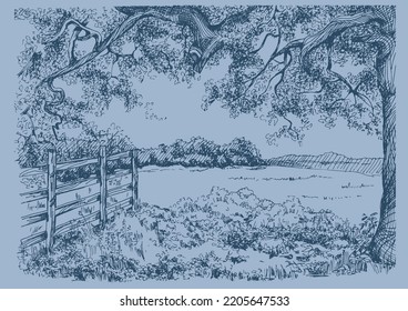 Rural landscape, tree and farm. Vector hand drawn vintage engraved sketch.
