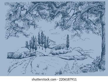 Paisaje rural, árboles y granja. Esbozo grabado con vintage a mano.