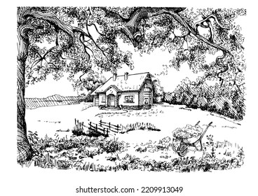 Rural landscape, tree and farm. Vector hand drawn vintage engraved sketch.
