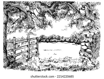 Rural landscape, tree and farm. Vector hand drawn vintage engraved sketch.