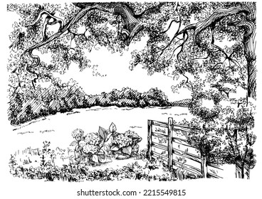 Paisaje rural, árboles y granja. Esbozo grabado con vintage a mano.