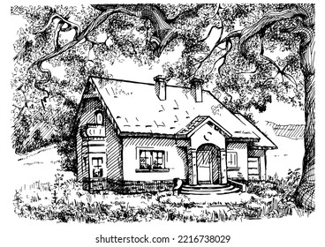 Rural landscape, tree and farm. Vector hand drawn vintage engraved sketch.