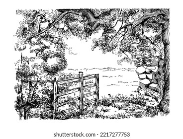 Paisaje rural, árboles y granja. Esbozo grabado con vintage a mano.
