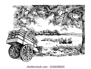 Rural landscape, tree and farm. Vector hand drawn vintage engraved sketch.
