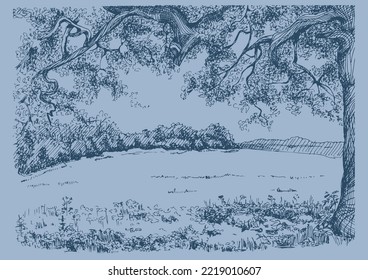 Rural landscape, tree and farm. Vector hand drawn vintage engraved sketch.
