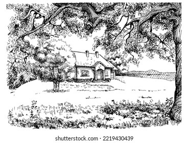Rural landscape, tree and farm. Vector hand drawn vintage engraved sketch.
