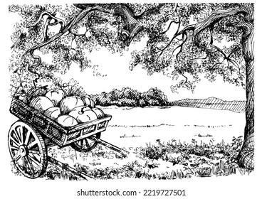 Rural landscape, tree and farm. Vector hand drawn vintage engraved sketch.
