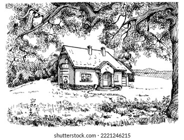 Rural landscape, tree and farm. Vector hand drawn vintage engraved sketch.
