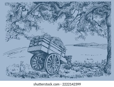 Paisaje rural, árboles y granja. Esbozo grabado con vintage a mano.
