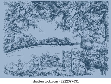 Rural landscape, tree and farm. Vector hand drawn vintage engraved sketch.
