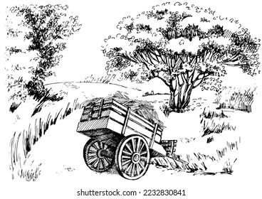 Paisaje rural, árboles y granja. Esbozo grabado con vintage a mano.