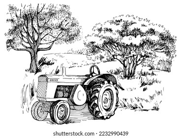 Rural landscape, tree and farm. Vector hand drawn vintage engraved sketch.
