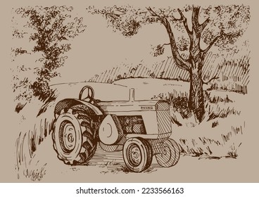 Rural landscape, tree and farm. Vector hand drawn vintage engraved sketch.

