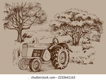 Rural landscape, tree and farm. Vector hand drawn vintage engraved sketch.
