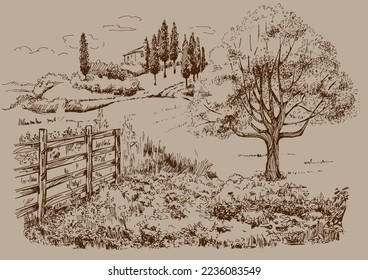 Rural landscape, tree and farm. Vector hand drawn vintage engraved sketch.

