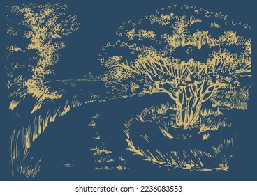 Rural landscape, tree and farm. Vector hand drawn vintage engraved sketch.
