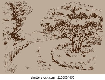 Paisaje rural, árboles y granja. Esbozo grabado con vintage a mano.
