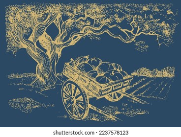 Rural landscape, tree and farm. Vector hand drawn vintage engraved sketch.