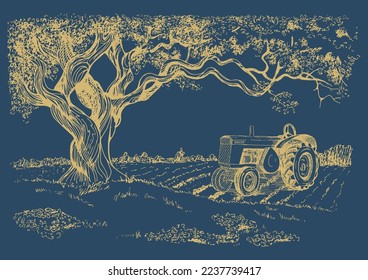 Rural landscape, tree and farm. Vector hand drawn vintage engraved sketch.