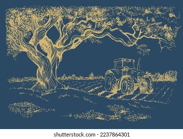 Rural landscape, tree and farm. Vector hand drawn vintage engraved sketch.