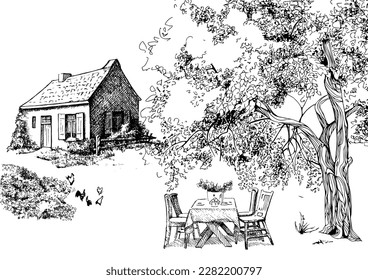 Rural landscape, tree and farm. Vector hand drawn vintage engraved sketch.
