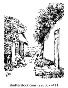 Rural landscape, tree and farm. Vector hand drawn vintage engraved sketch.