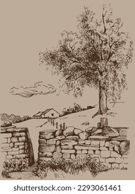 Rural landscape, tree and farm. Vector hand drawn vintage engraved sketch