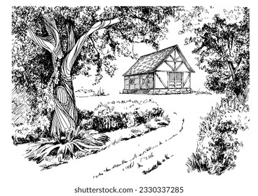 Rural landscape, tree and farm. Vector hand drawn vintage engraved sketch.
