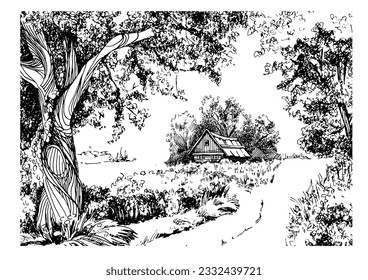Rural landscape, tree and farm. Vector hand drawn vintage engraved sketch.
