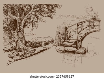 Landschaft, Baum und Bauernhof. Vektor handgezeichnet Vintage graviert Skizze.
