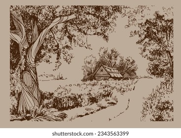 Rural landscape, tree and farm. Vector hand drawn vintage engraved sketch.
