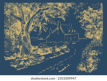 Rural landscape, tree and farm. Vector hand drawn vintage engraved sketch.