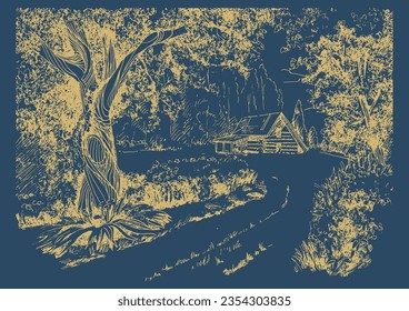 Rural landscape, tree and farm. Vector hand drawn vintage engraved sketch.