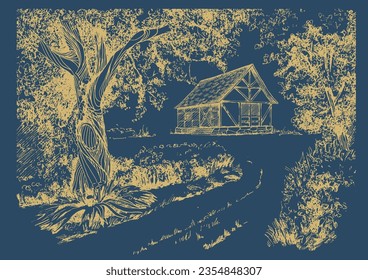 Rural landscape, tree and farm. Vector hand drawn vintage engraved sketch.