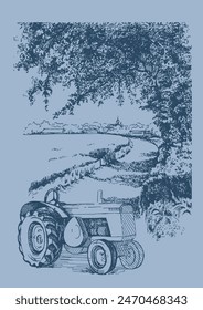 Rural landscape, tree and farm. Vector hand drawn vintage engraved sketch.
