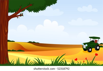 Rural landscape with tree in the foreground and the tractor in the background, vector