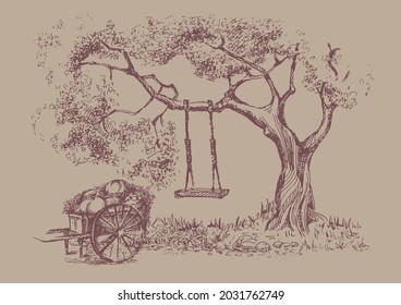 Paisaje rural, árbol. Campo de hierba verde en pequeñas colinas. Ilustración de esbozo de vector