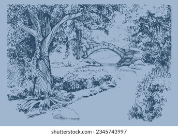 Rural landscape, tree and mill. Vector hand drawn vintage engraved sketch.
