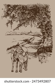 Rural landscape, tree and pet. Vector hand drawn vintage engraved sketch.
