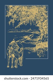 Rural landscape, tree and pets. Vector hand drawn vintage engraved sketch.
