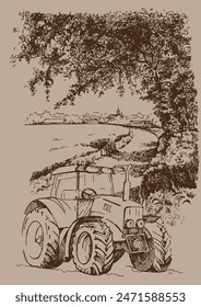 Rural landscape, tree and tractor. Vector hand drawn vintage engraved sketch.
