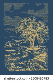 Rural landscape with tree. Vector hand drawn vintage engraved sketch.