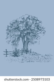 Rural landscape with tree. Vector hand drawn vintage engraved sketch.