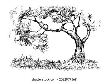 Paisaje rural y árbol. Ilustración de esbozo de vector