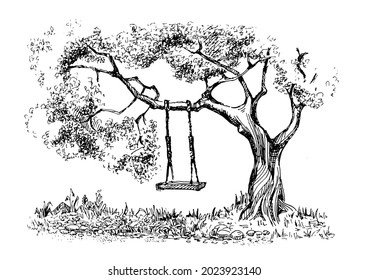 Rural landscape and tree. Vector sketch illustration