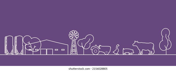 Rural landscape with trees, barn, tractor and cow. Ecologically clean area. Village in the summer. Thin line style illustration or background for eco products, banner.