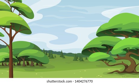Rural landscape with trees, hills and green grass. Nature background.