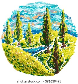 Rural landscape with trees and hills. Retro hand drawn vector illustration